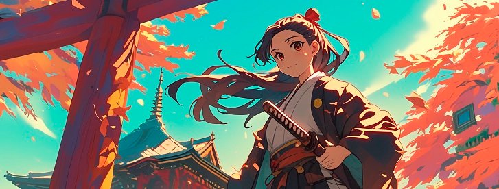 Anime style Samurai girl holding a katakana ,Webnovel Genres Martial Arts