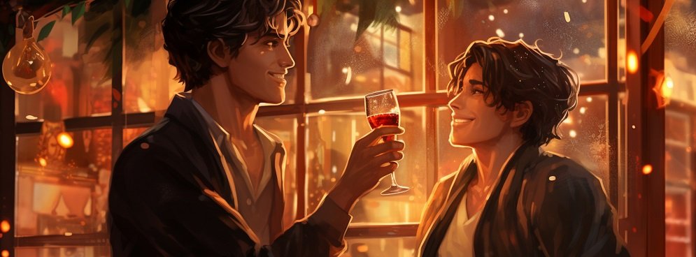 Two male Anime characters having a good time,evening time celebration mood,Webnovel Genres BL